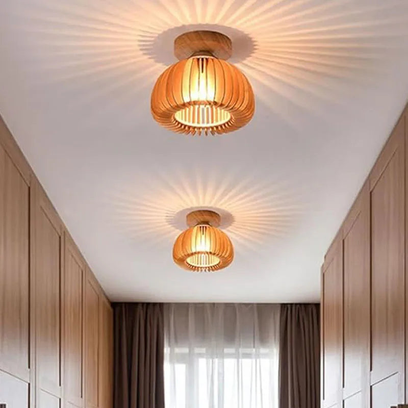 2pcs wood art ceiling lamp e27 base japanese pumpkin style dining room bed bedside light home living decor