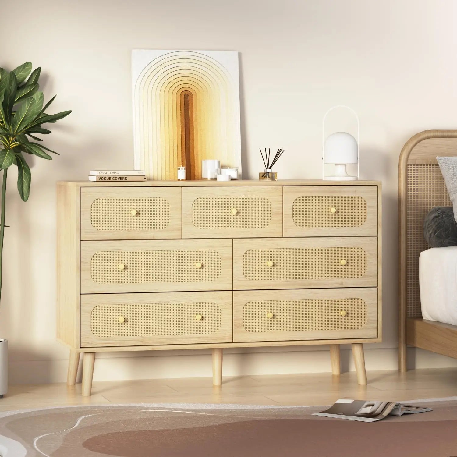 Natural wood 7 drawer rattan dresser with gold handles boho durable storage cabinet dressers & chests of drawers
