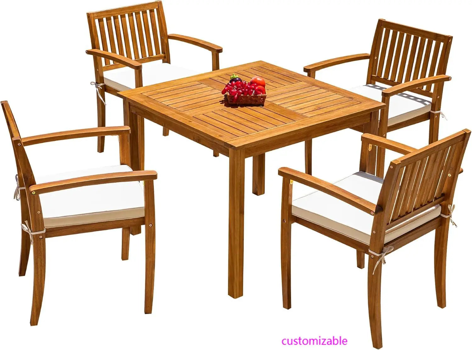 5 piece outdoor dining set acacia wood patio table and chairs with soft cushions furniture for deck backyard garden