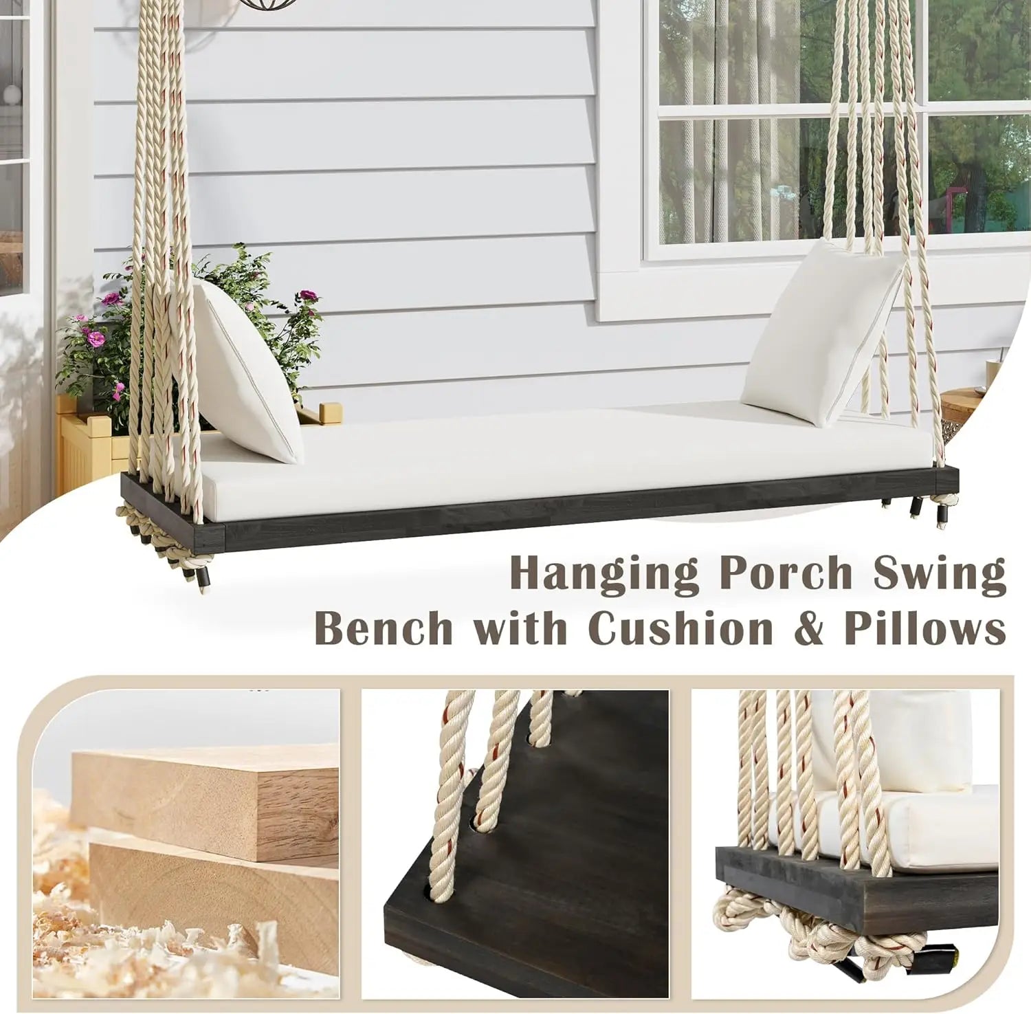 Acacia wood porch swing bench with cushion & pillows 63’ outdoor hanging for 2 adults rustic 10.8ft ropes white