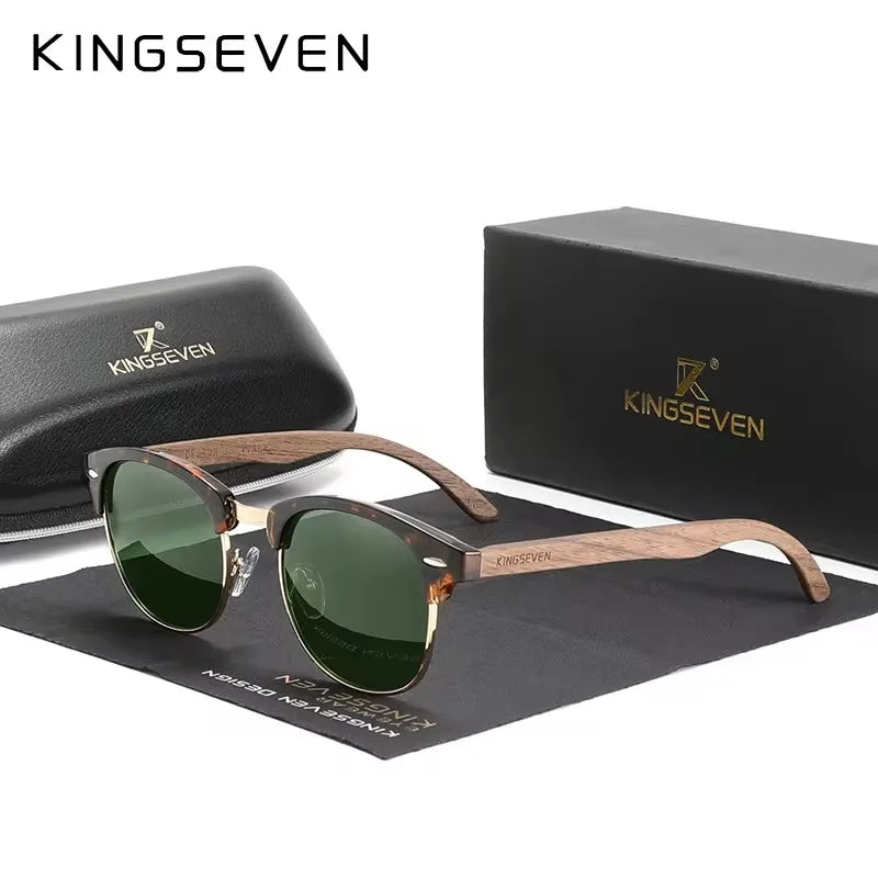 Kingseven trendy vintage handmade black walnut wood sunglasses men women polarized glasses male uv400 shades oculos