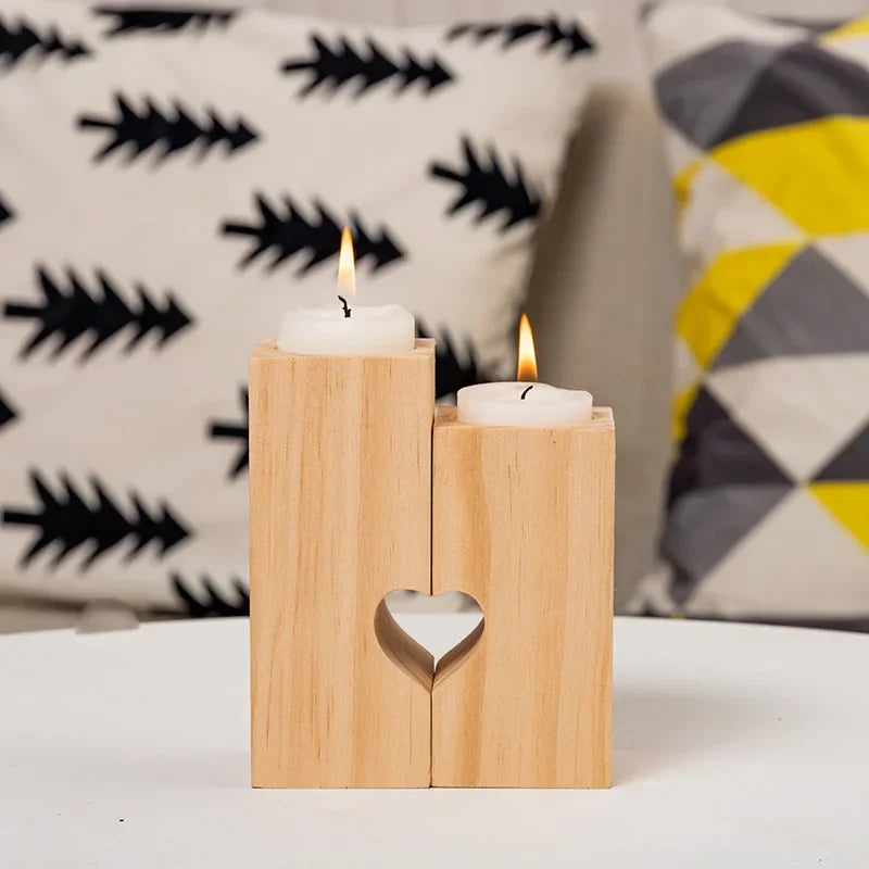 Tealight candle holder wood holders for table set of 2 combined heart stands home decor romantic decoration
