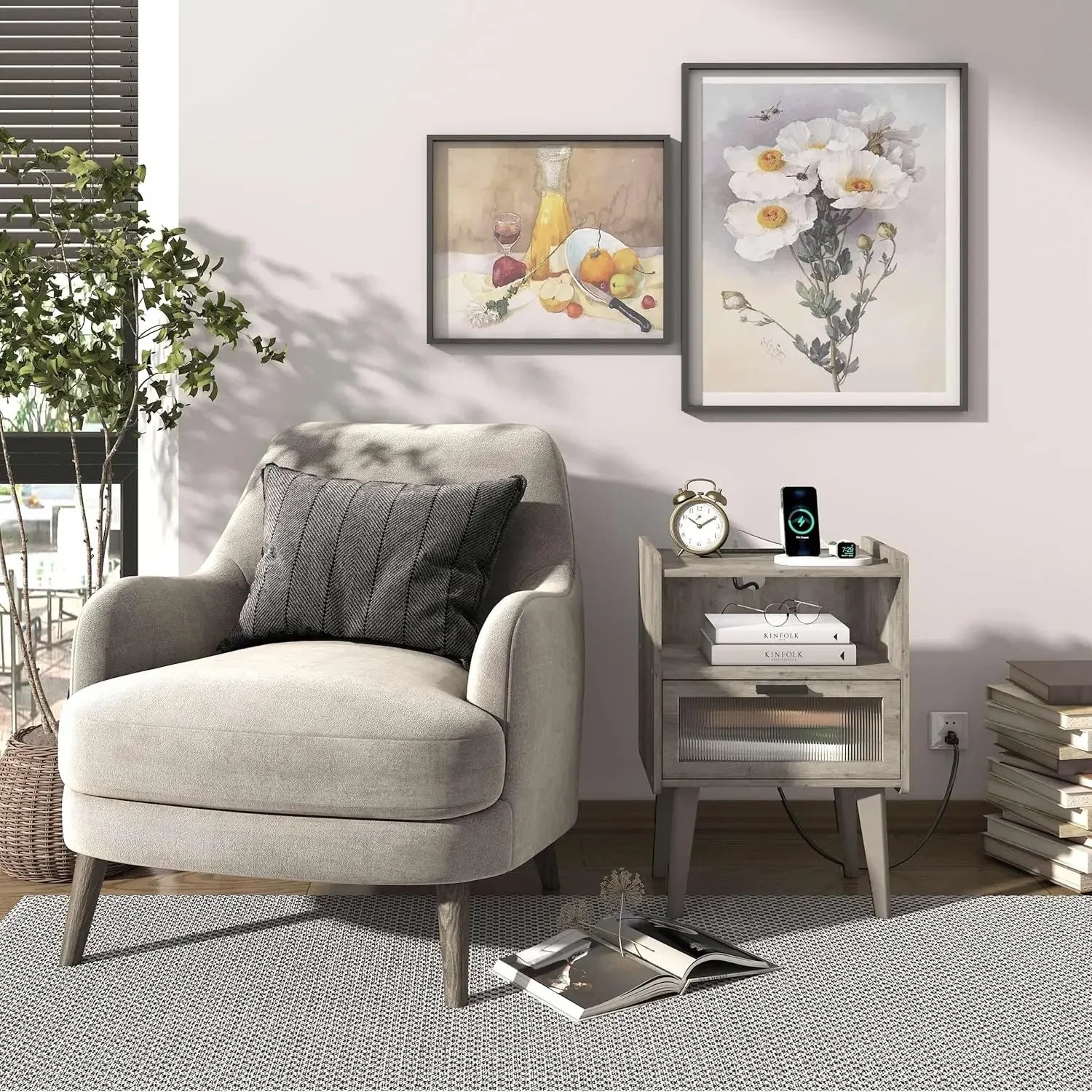 Charging station bedside tables oak grey end table side with 2 tiers storage space for bedroom living room mlbz07ge