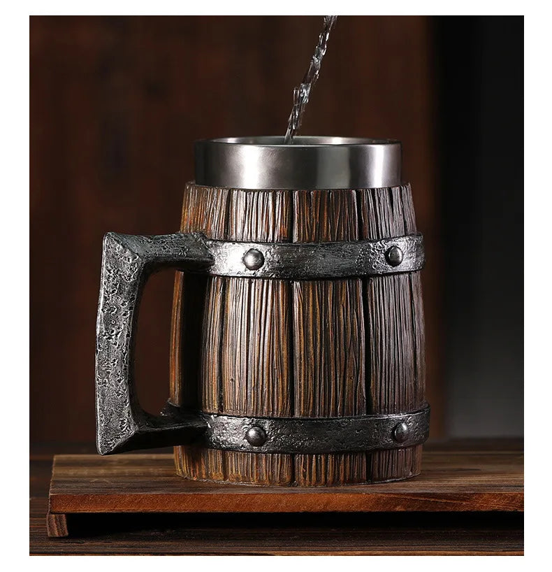 Hot-selling wooden barrel beer mug large-capacity coffee water bottle,tazas de café with stainless steel