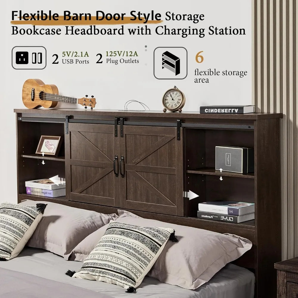 Vanacc queen size bed frame wooden platform storage with 51.2’’ bookcase headboard 2 drawers charging station/no box