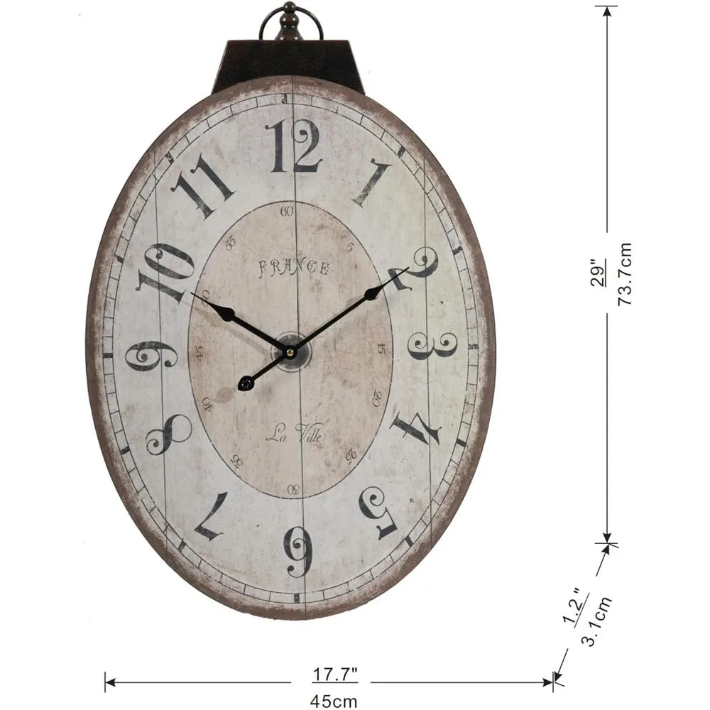 Rustic farmhouse style oval wall clock - 18 x 29 inches solid wood silent non-ticking battery-powered decorative for li