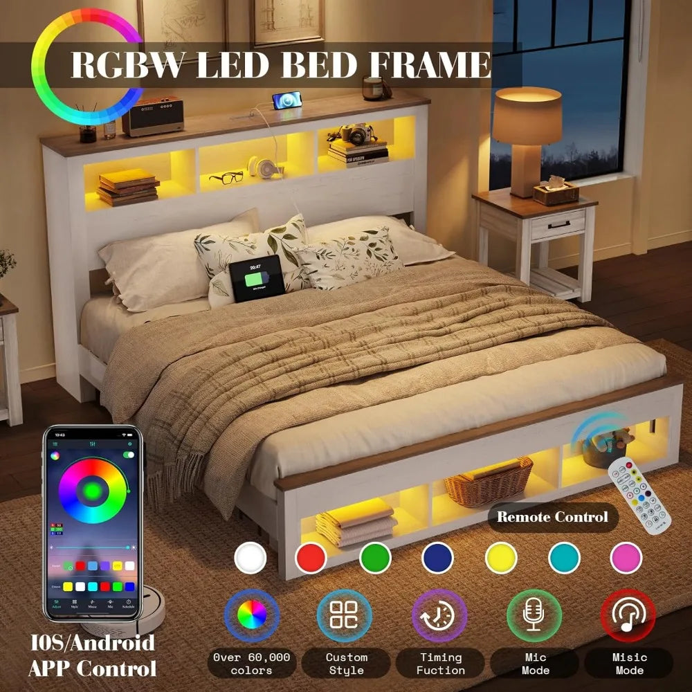 Albott farmhouse king size bed frame with storage bookcase headboard and footboard wood platform sl - white / united