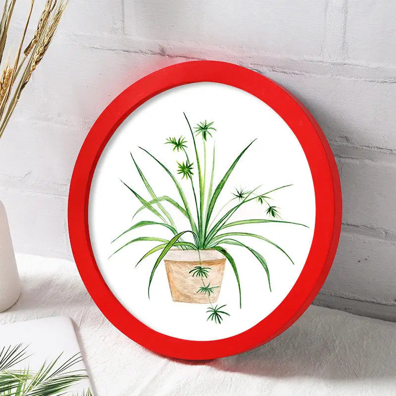 Classic wood round photo frame simple nordic style picture frames hanging solid color background wall decoration - red