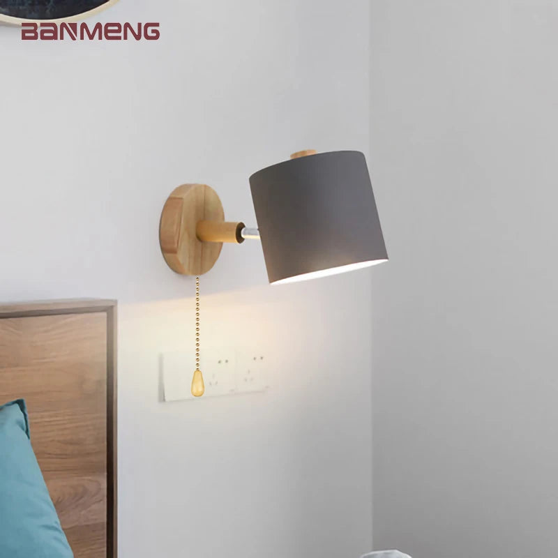 Nordic modern e27 led wall lamp with switch and eu us plug adjustable wood sconces light indoor home decor bedside