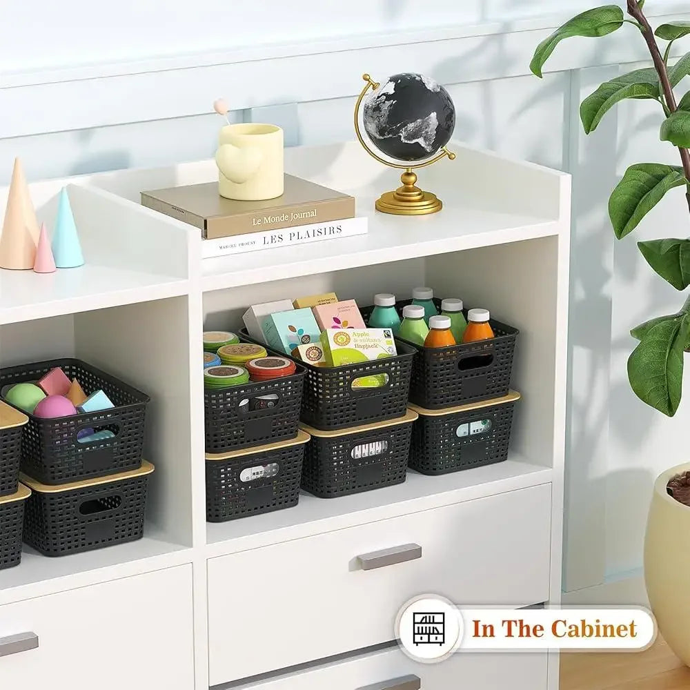 Stackable plastic storage baskets with bamboo lid portable organizing containers home kitchen bathroom closet shelf 6