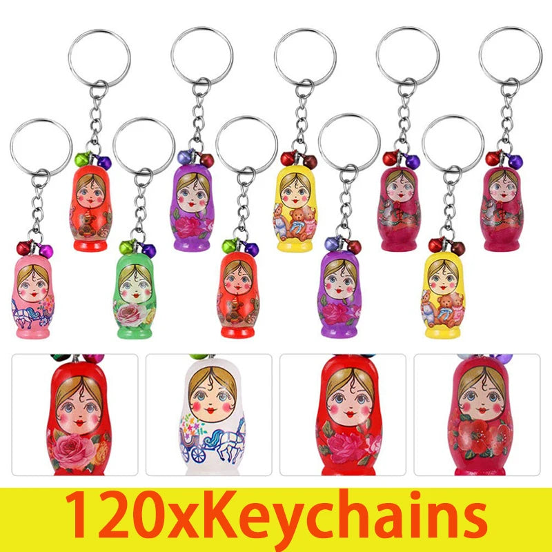 120pcs russian nesting dolls keychain wood key rings stacking car bag charms pendant backpack - mix colors - chain