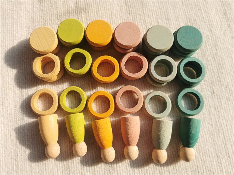 Kids wooden toys beech rainbow coins and rings stacking blocks with peg dolls loose parts - pastel half set 42 - game