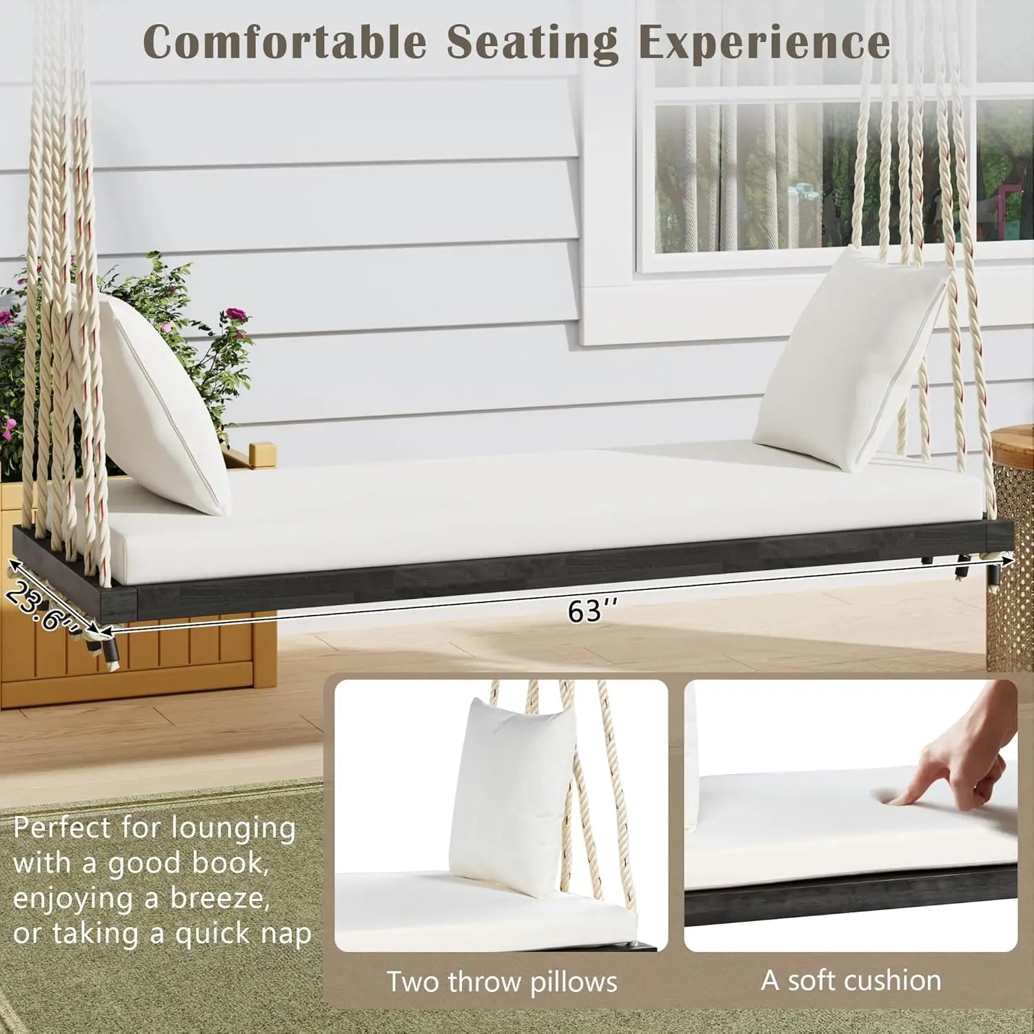Acacia wood porch swing bench with cushion & pillows 63’ outdoor hanging for 2 adults rustic 10.8ft ropes white