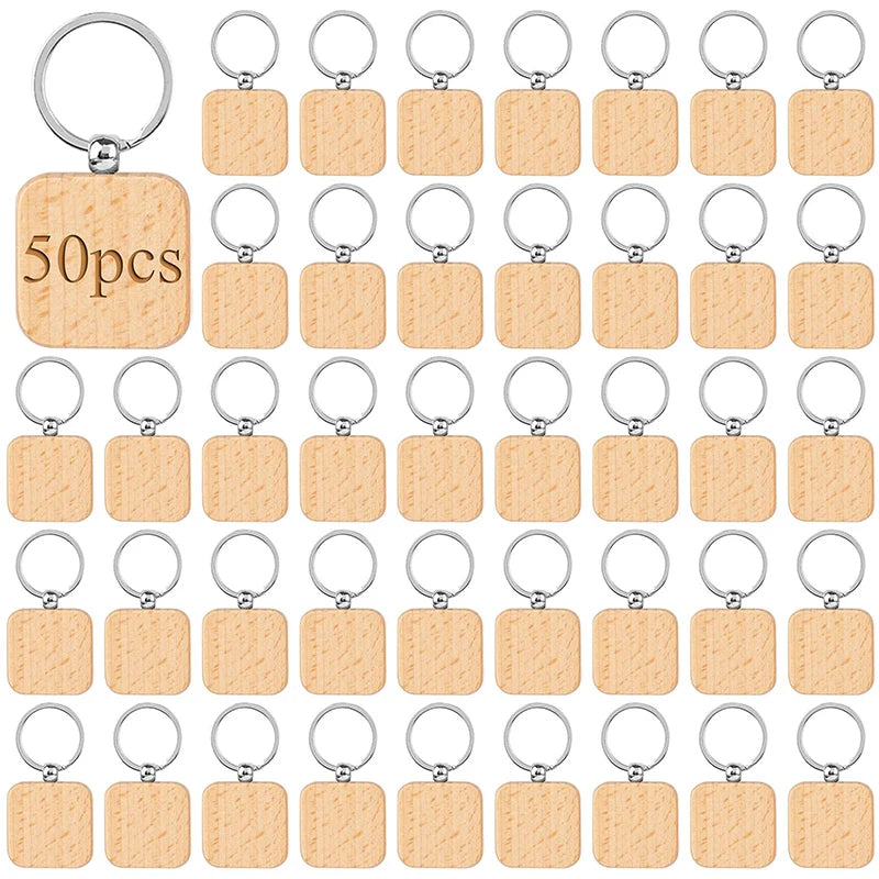50pcs diy blank wooden keychain square key ring - chain