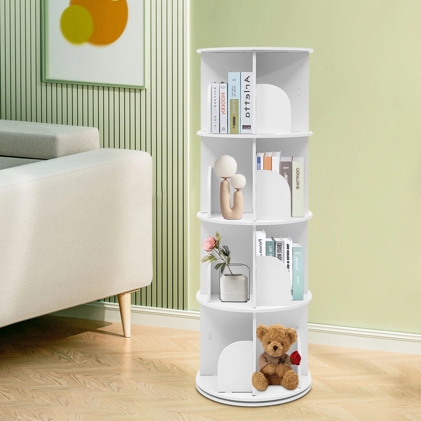 2/4-tier wooden rotatable bookshelf - 360°display floor standing storage rack white multifunctional organizer