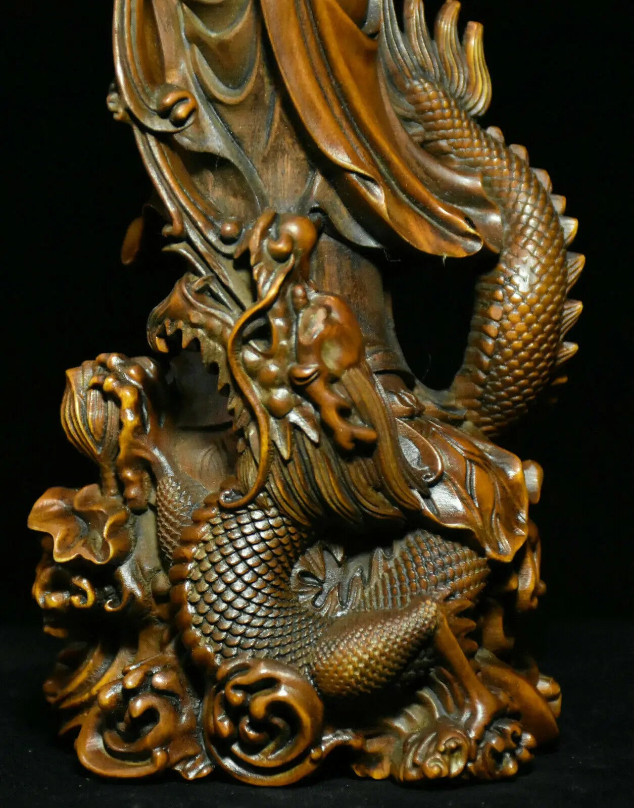 Old china boxwood wood dragon kwan-yin boddhisattva loong guanyin goddess statue buddha statue - religious (buddhist)