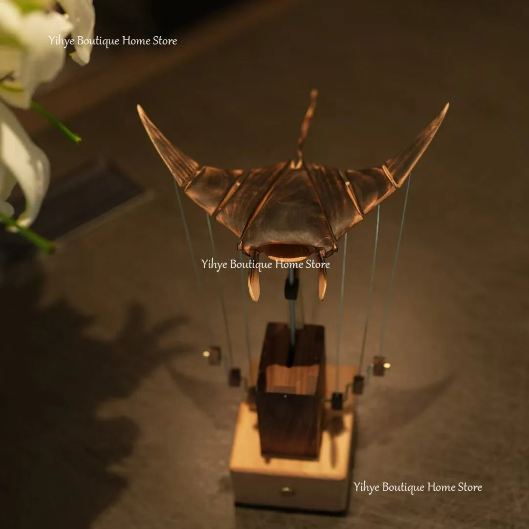 Hand-carved flying manta ray kinetic sculpture - unique wooden desktop ornament for home/office decoration & gifting