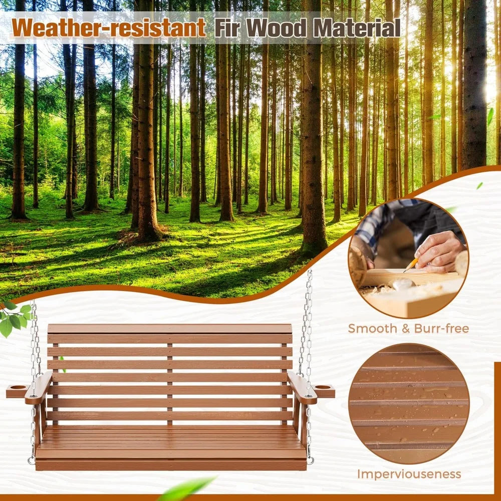 Outdoor porch swing bench with cup holders - 2-seater wooden for patio garden backyard comfort - united states / brown