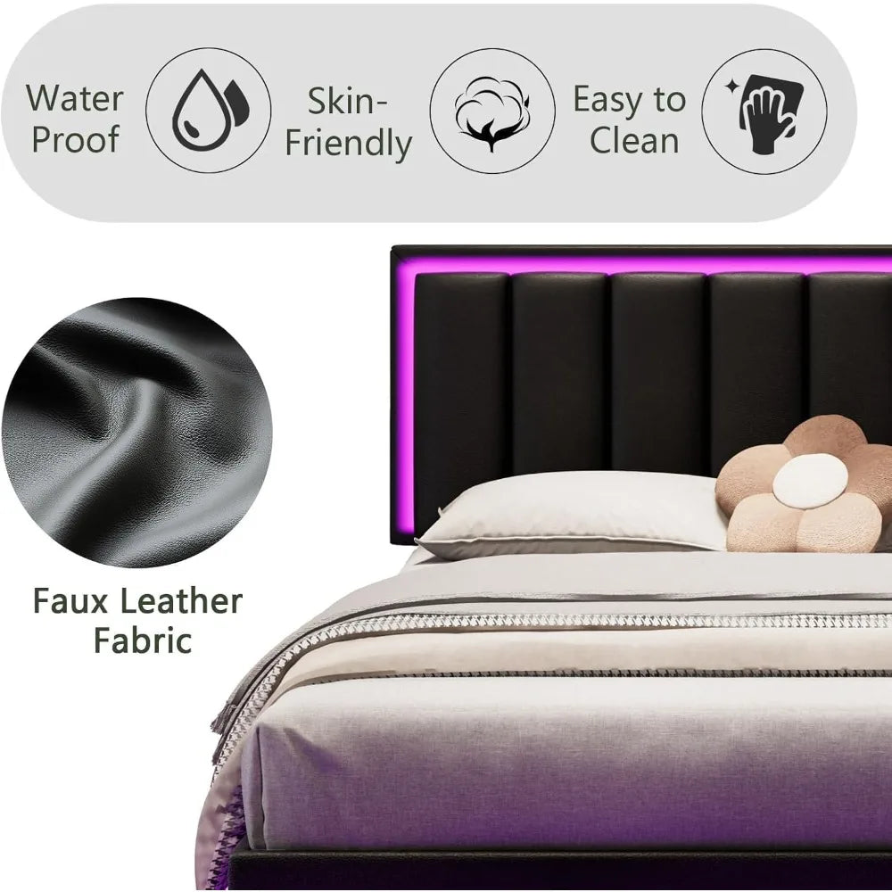 Floating bed frame full with led lights upholstered headboard solid wood slats support