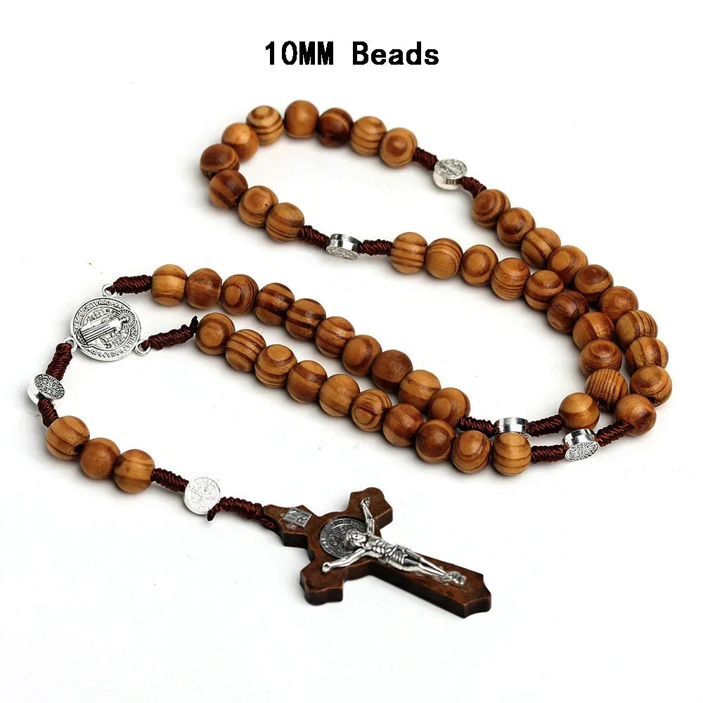 Catholic wood beaded rosary necklaces for women christian inri crucifix cross pendant long chain men religion prayer