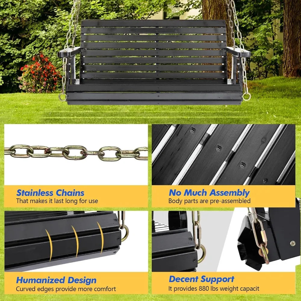 Heavy-duty wooden swing bench for outdoor spaces 880lbs capacity with hanging chains garden and patio relaxation