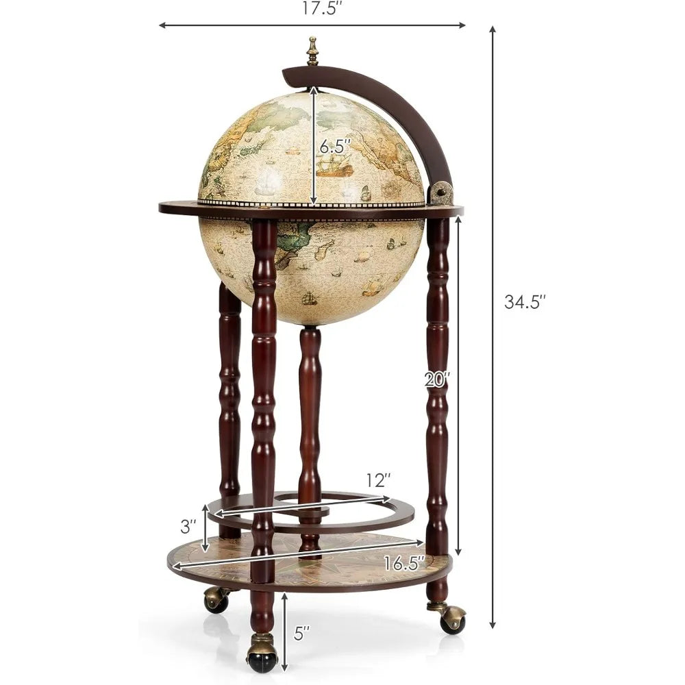Italian replica 17th century globe wine bar stand with wooden cabinet and rolling wheels for liquor bottles - united
