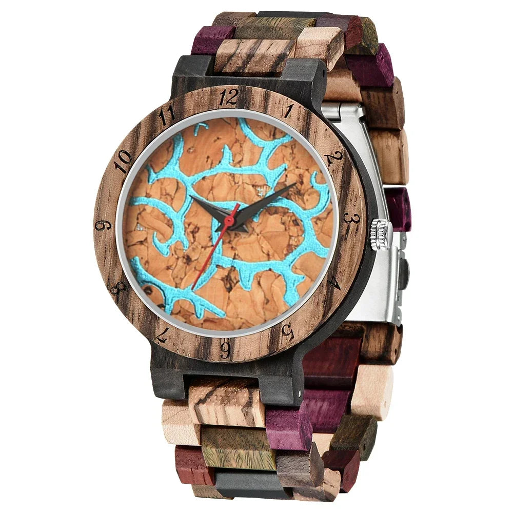 Artisan color-block mysterious wooden disc watch lightweight multicolor strap sophisticated gift for men