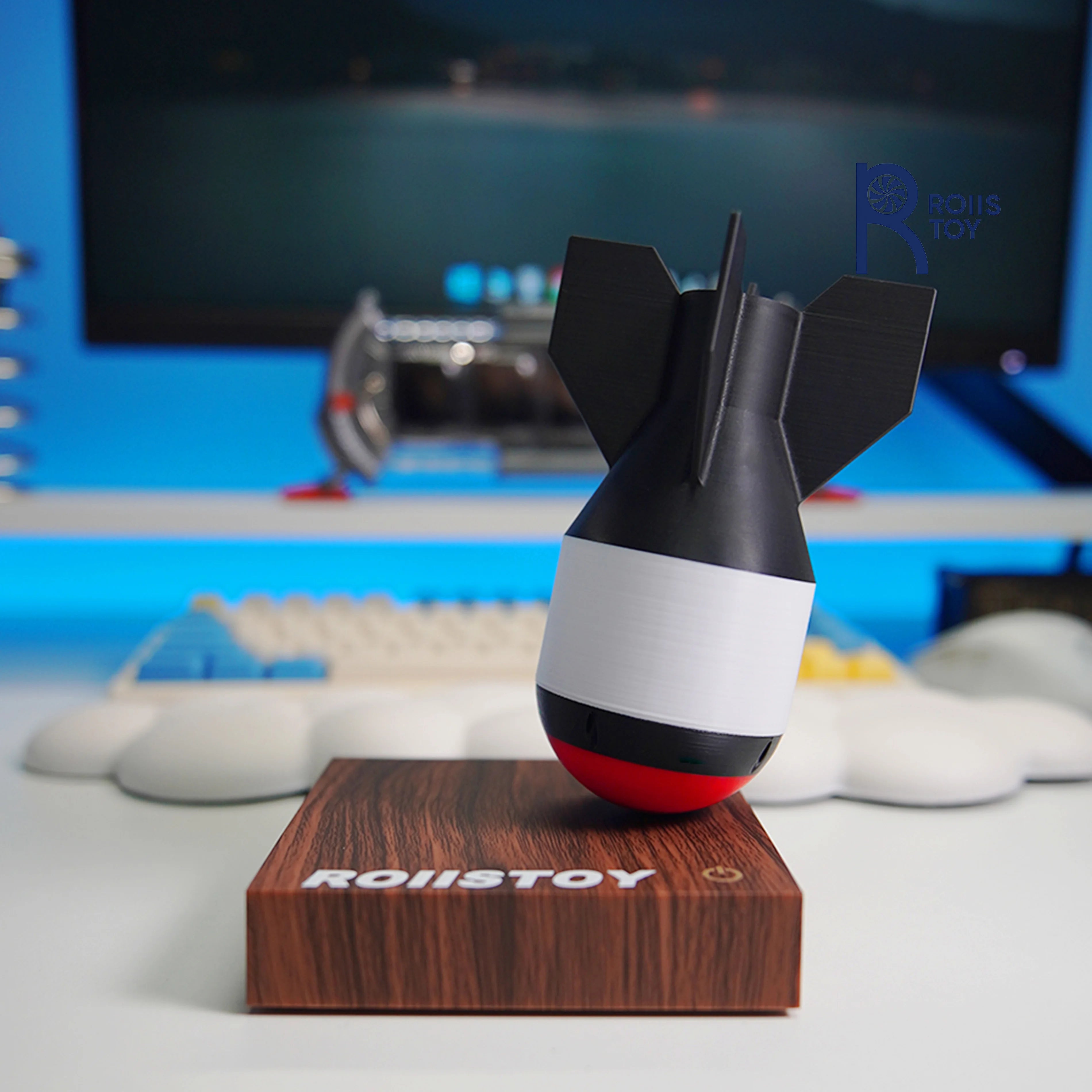 Military style maglev missile model floating on wooden base with red light effect for office desk dark decor collection