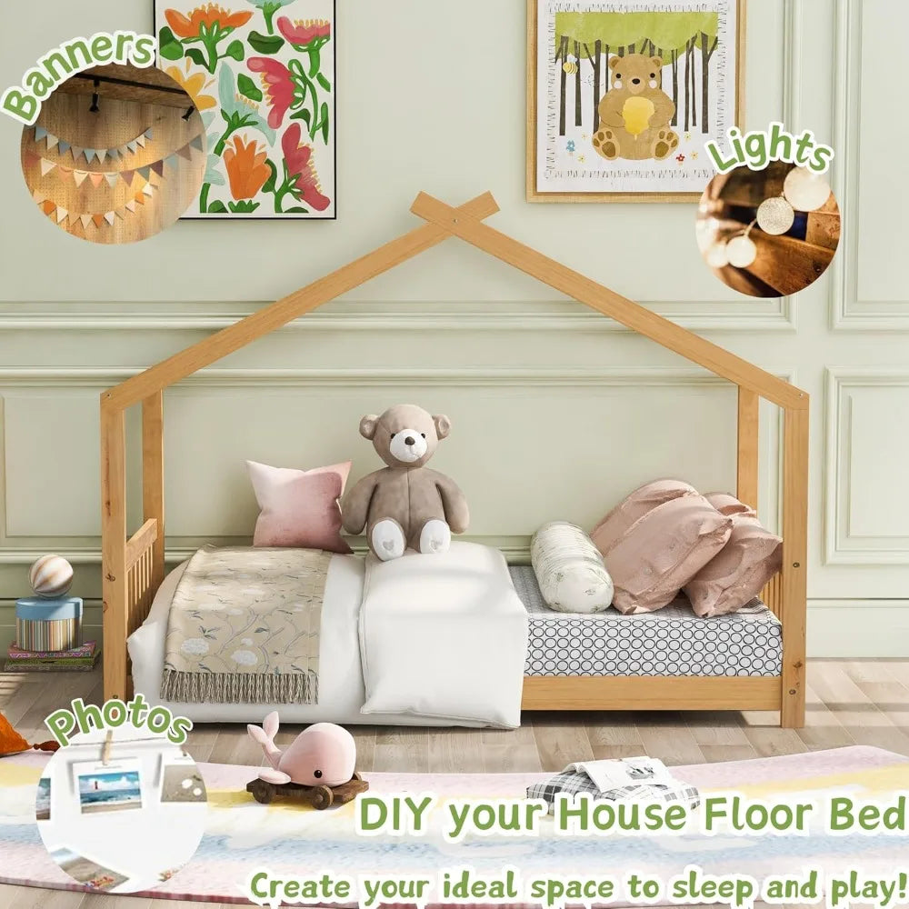 Bellemave floor house beds wood montessori bed frame twin size platform with headboard & footboard for kids boys girls