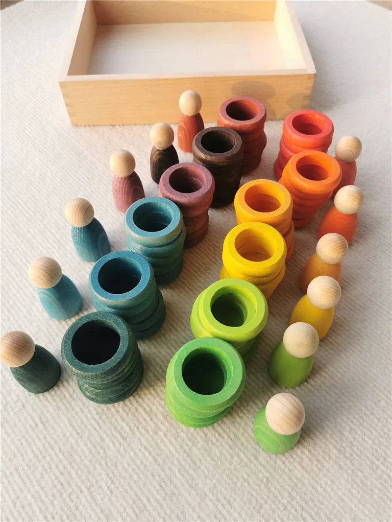 Kids wooden toys beech rainbow coins and rings stacking blocks with peg dolls loose parts - game