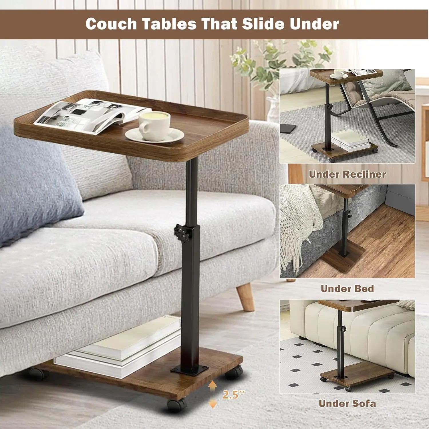 Wooden c-shape lifting side table movable small sofa corner for living room bedroom bedside laptop desk