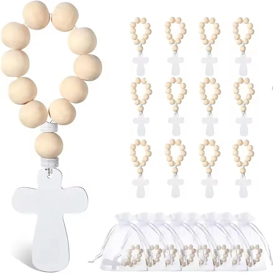 1/6/12pcs wooden rosary wood bulk catholic with crucifix cross pendant white mesh bags for baptism first communion