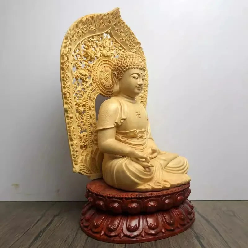 Religious wooden buddha statue sakyamuni amitabha vairocana feng shui decor for home temple altars - (buddhist)