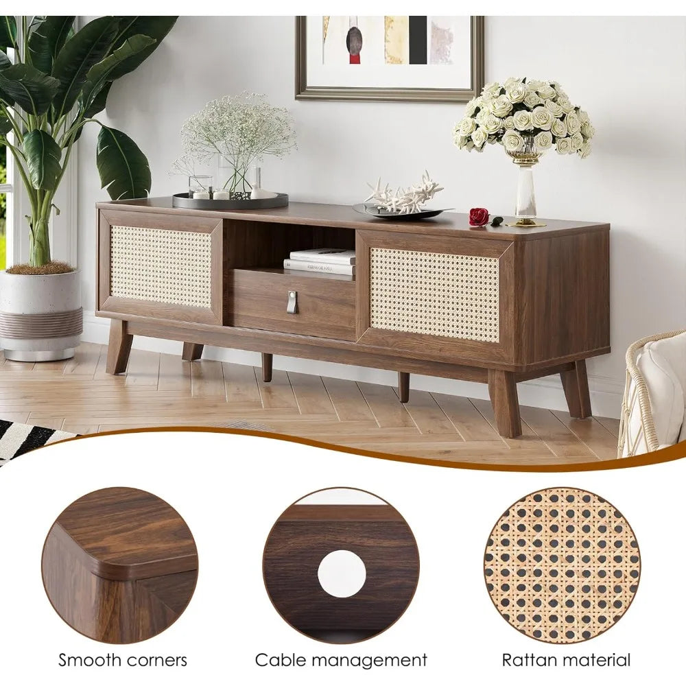 Rattan tv stand for tvs wood mid century modern media console with drawer and 2 cabinets boho