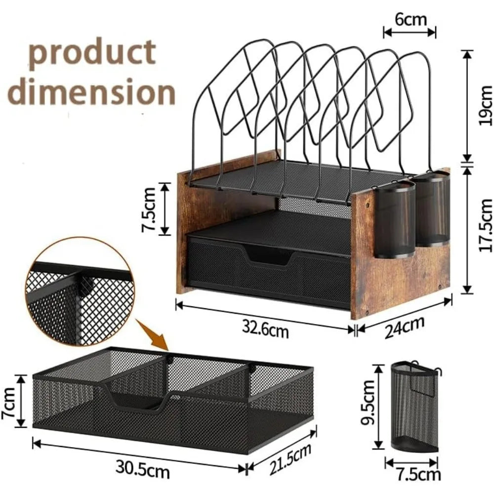 Wood desk organizer - 2-tier desktop file with drawer vertical holder wooden paper tray office organz - united states