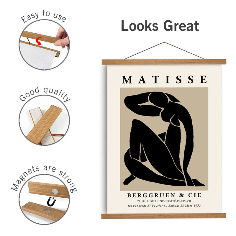 Magnetic wooden picture hanger frames poster photos wall art canvas prints paintings teak pine wood living room home