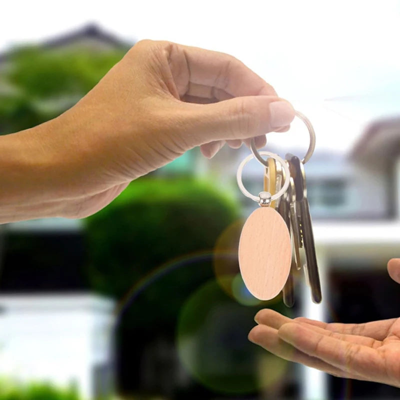 100pcs wood keychain blanks natural keychains pet tags name luggage - oval - key chain