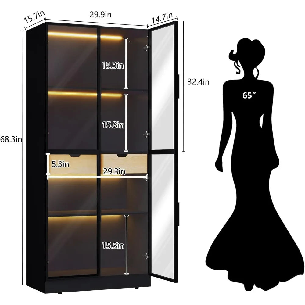 Display cabinet with glass doors tall storage 3 color lights curio case 4-tier shelves