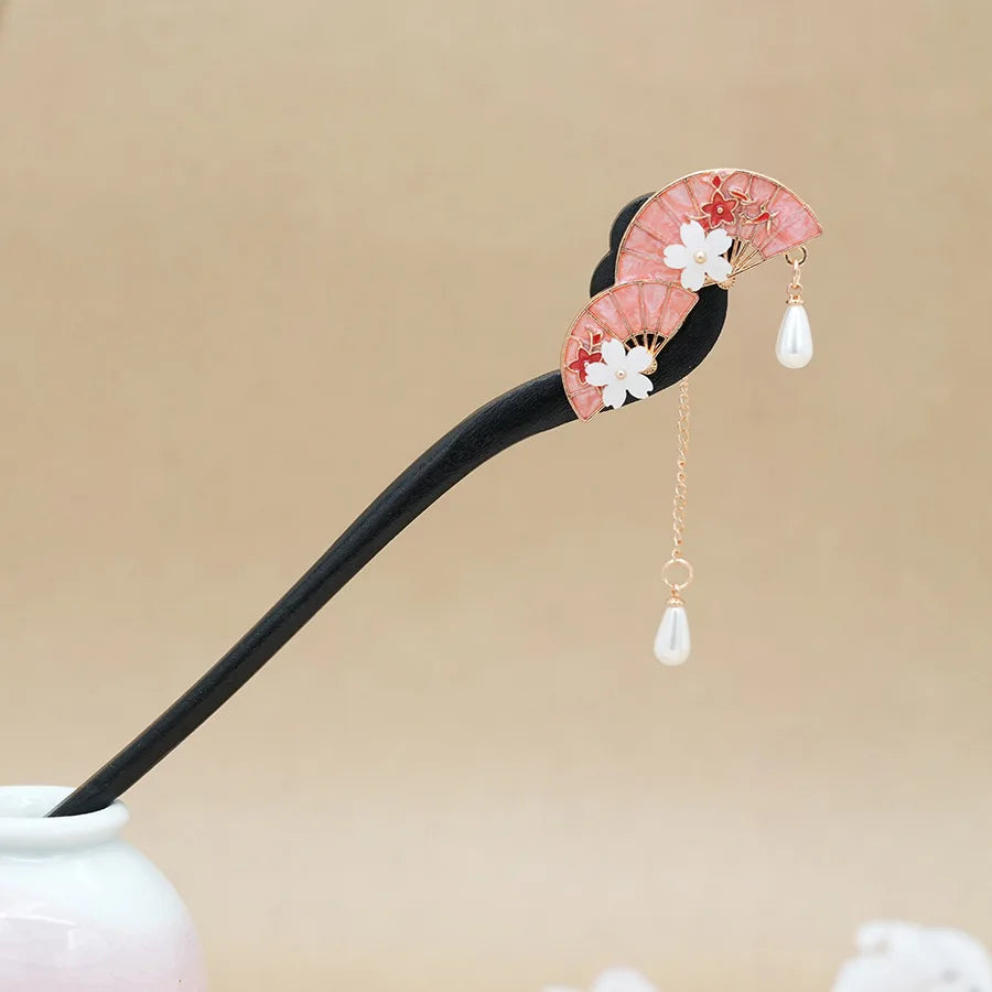 Retro flower hair forks long tassels wooden sticks pearls bead step shake chinese wedding bridal hairpins clips jewelry