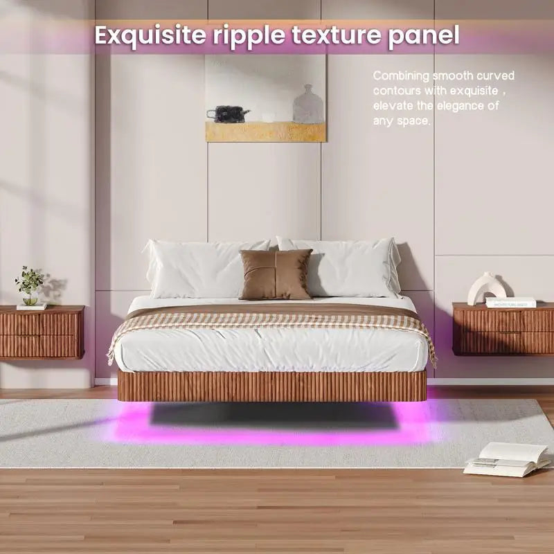 Walnut floating bed frame with led lights wave curve wood texture heavy duty metal slats no box spring required stylish