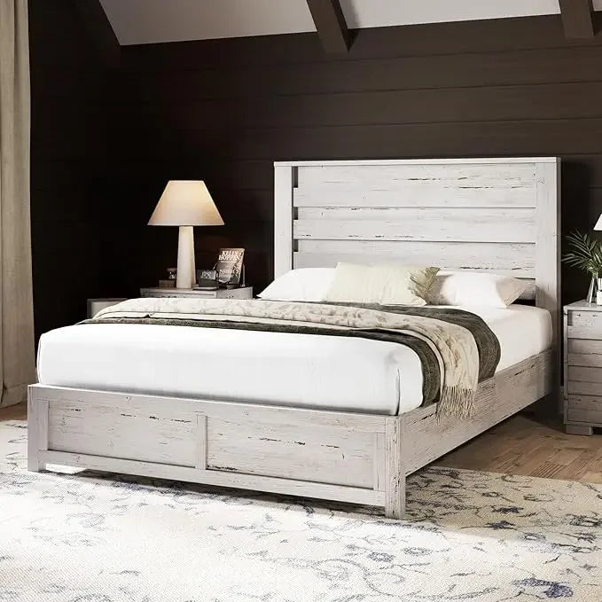 Farmhouse queen size bed frame with 49’’ tall headboard platform natural wood grain no box spring needed/noise free