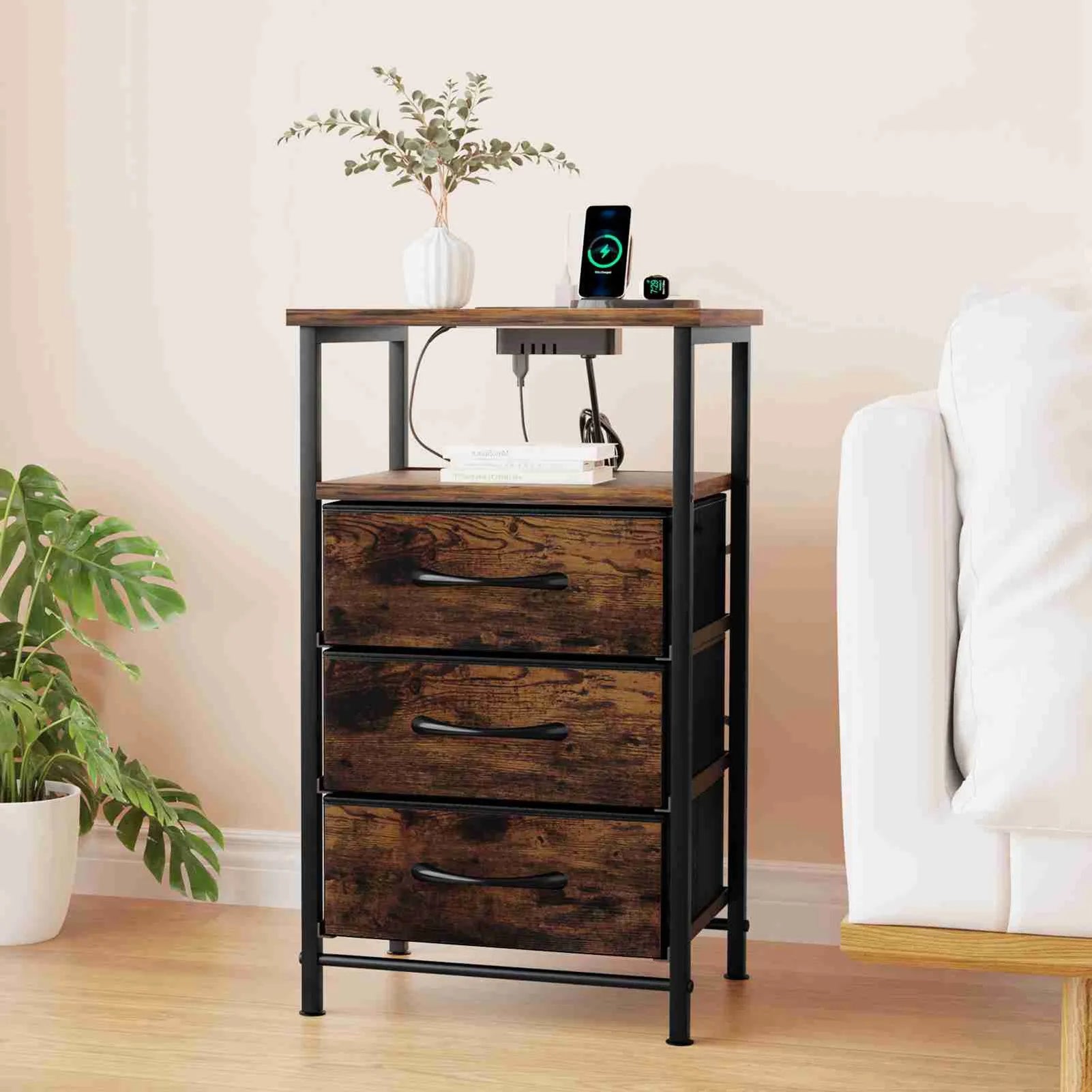 Bedside table brown color multifunctional iron and triamine plate nightstand side for living room bedroom - united