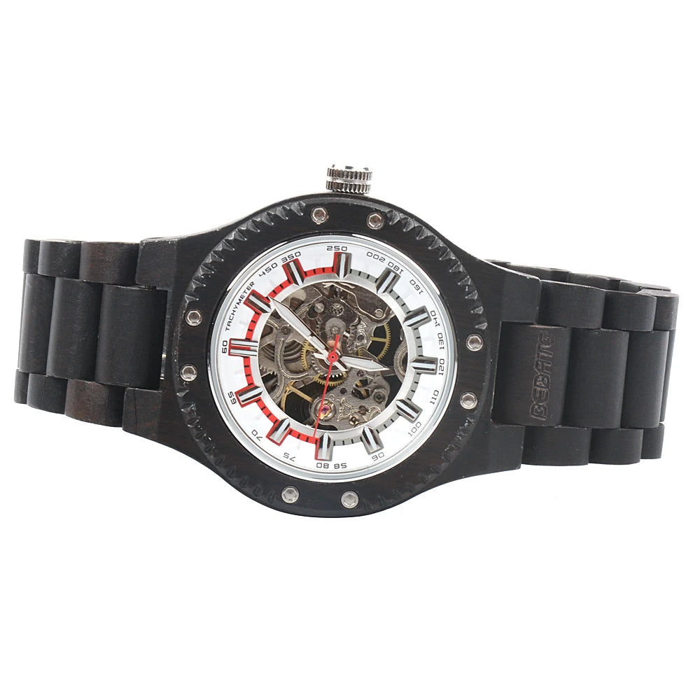 Classic mechanical wooden watches for men skeleton automatic self-winding lightweight men’s wood wristwatch