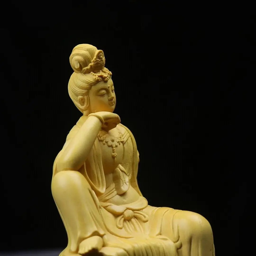 Chinese boxwood wood hand sculpture guanyin kwan-yin buddha statue home decorations - religious (buddhist)