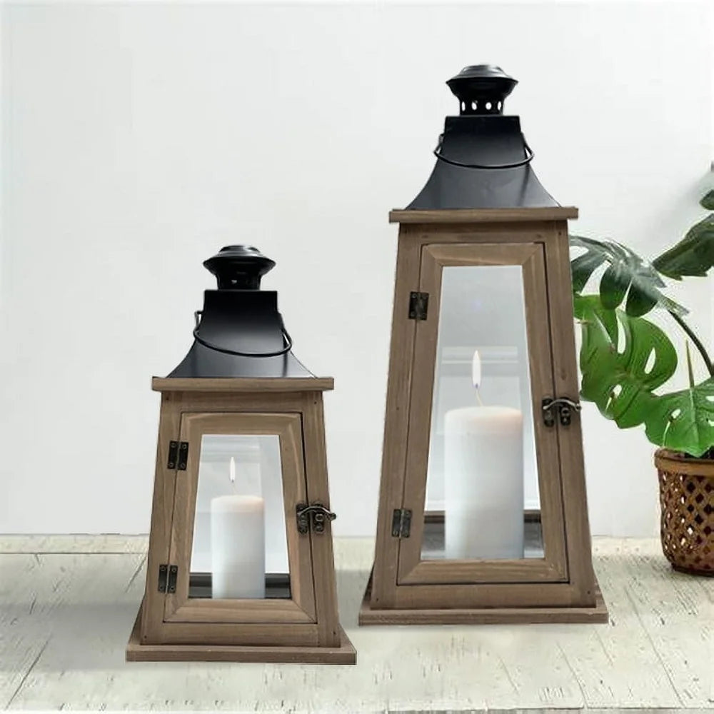 2 pack rustic wood metal lantern candleholder decorative light holder indoor use with clear glass windows pillar