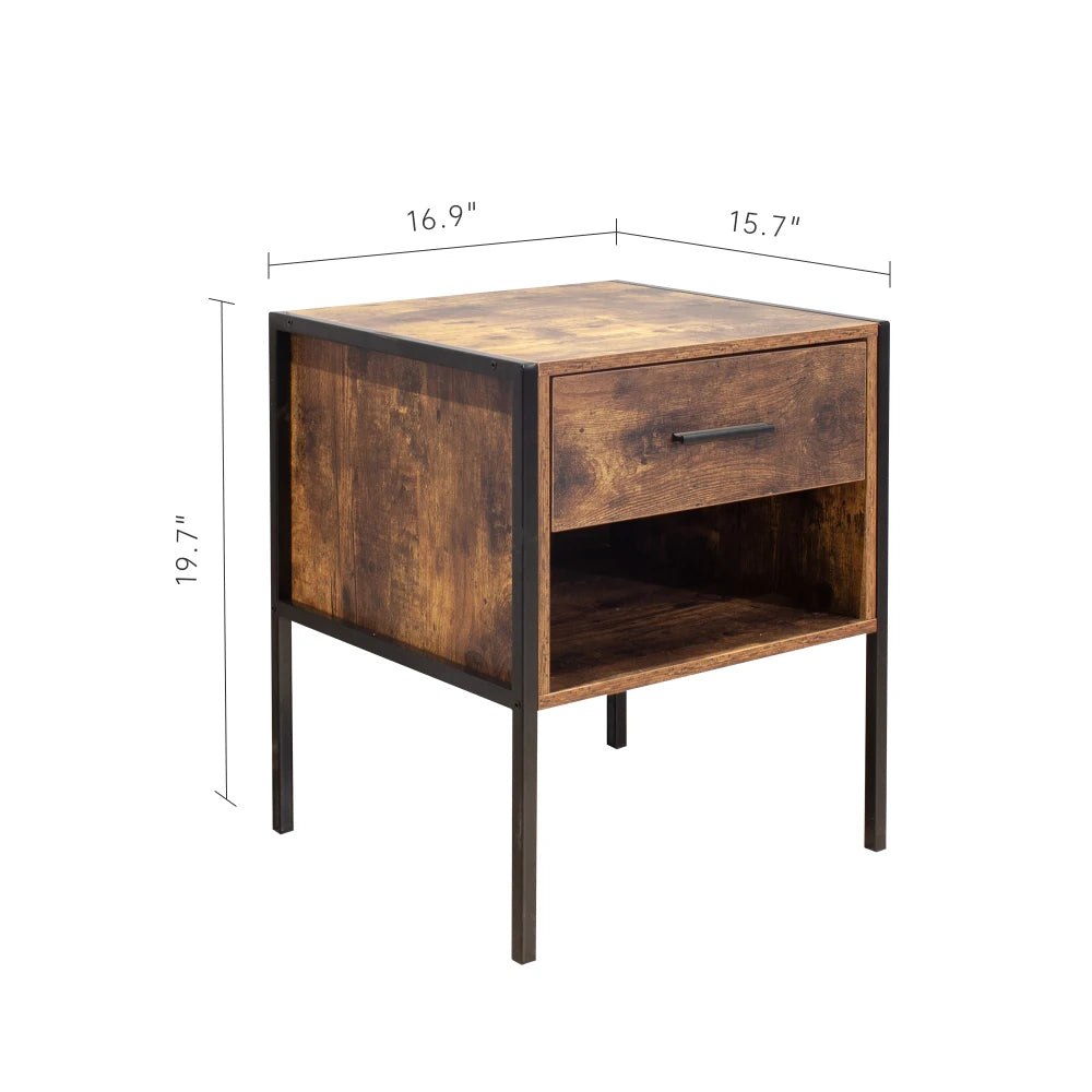 Set of 2 pcs nightstand industrial style rustic brown and black color add a classic simple cool feeling to your room