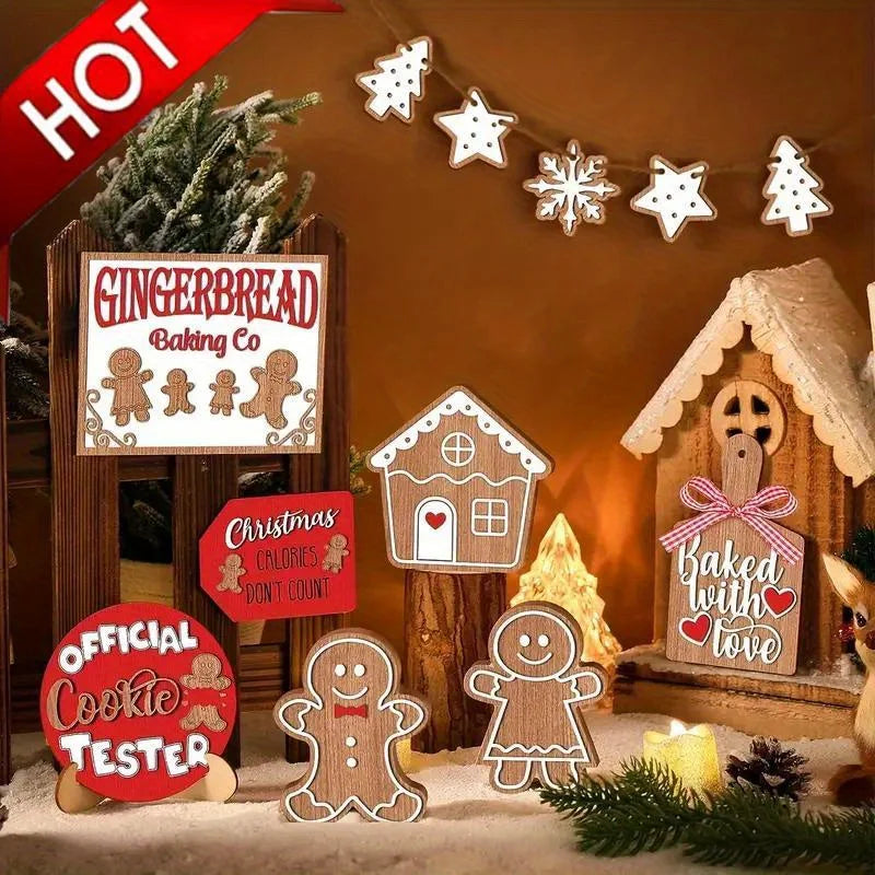 12-piece wooden christmas tiered tray set: featuring colorful snowmen gingerbread and santa signs for festive cheer