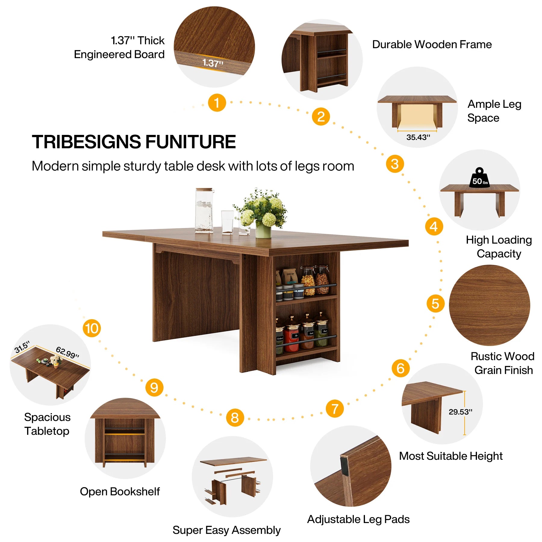 Tribesigns dining table for 6 to 8 63-inch rectangular wooden kitchen with storage industrial dinner shelves - brown