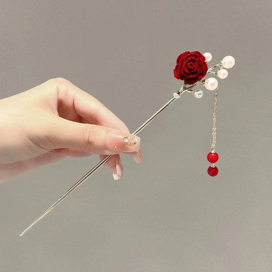 Red flower hairpin new chinese style wooden tassel hair stick ancient cheongsam hanfu women headwear - united states