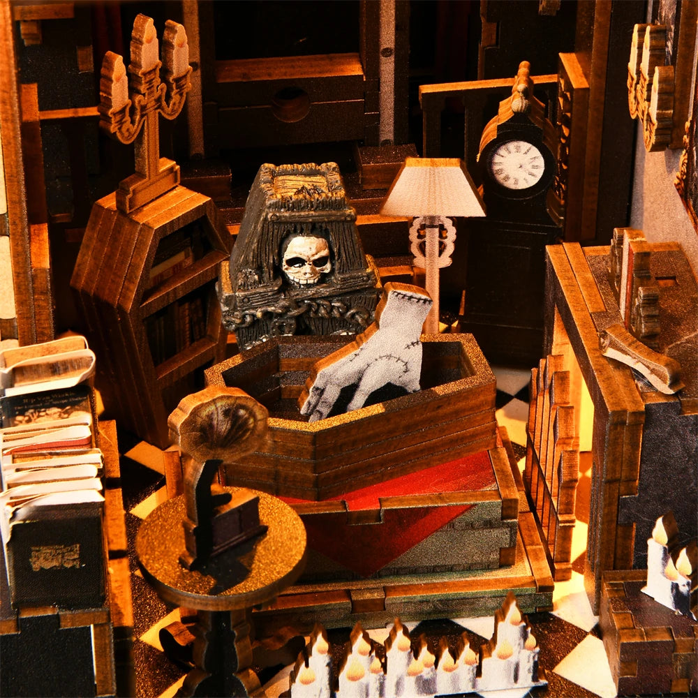 Book nook kit the dark family 3d wooden puzzle diy gothic style home decoration for bookshelf miniature insert magic